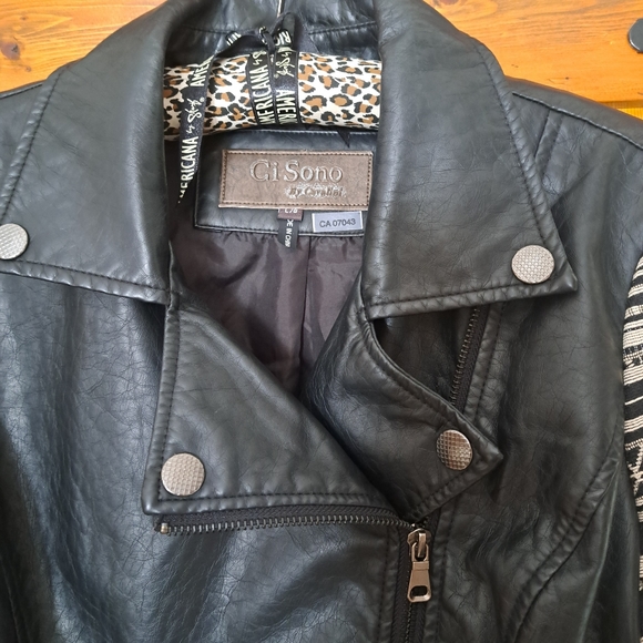 Faux Leather Moto Jacket with Knit Sleeves - Picture 3 of 14